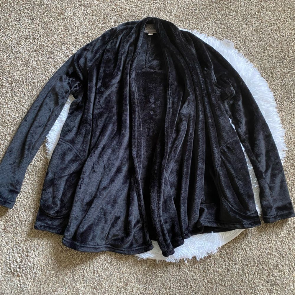 Ugg Fuzzy‎ Open Front Cardigan Jacket Black Womens Size Small